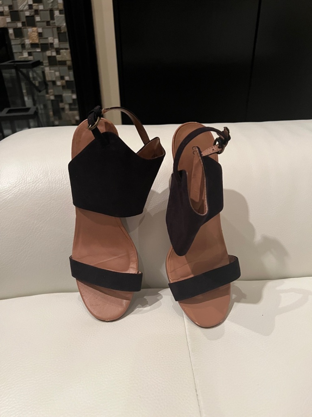 Covington Black Suede Open-Toe Slingback Wedges Size 8 1/2